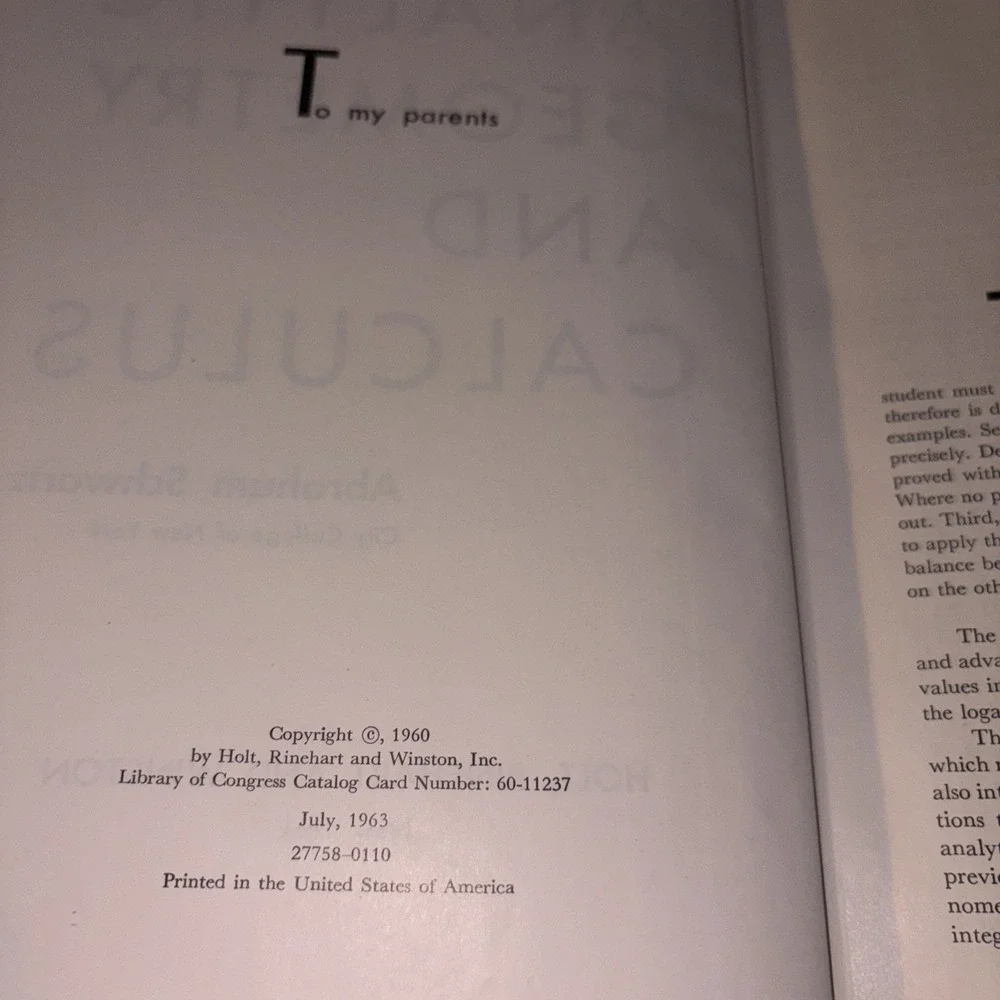 Analytic Geometry Calculus Textbook Hardcover‎ Book Abraham Schwartz 1963